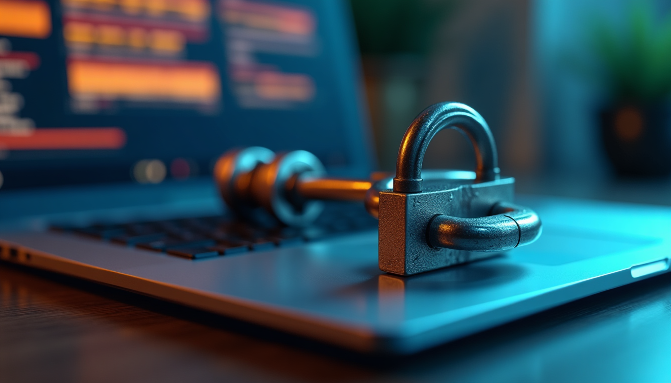 close-up photo of a physical padlock securing a laptop computer