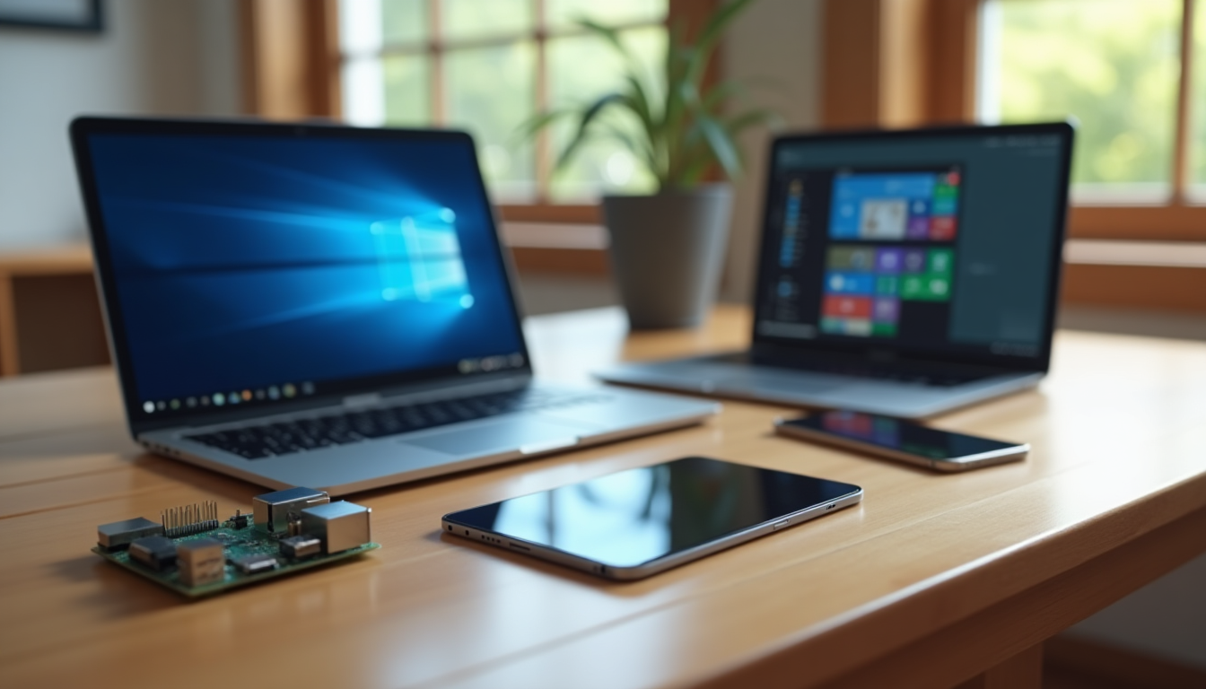 photo of a selection of electronic devices on a wooden table, including a Windows laptop, MacBook, iPhone, Android tablet, and a Raspberry Pi board, arranged to show multi-device installation compatibility