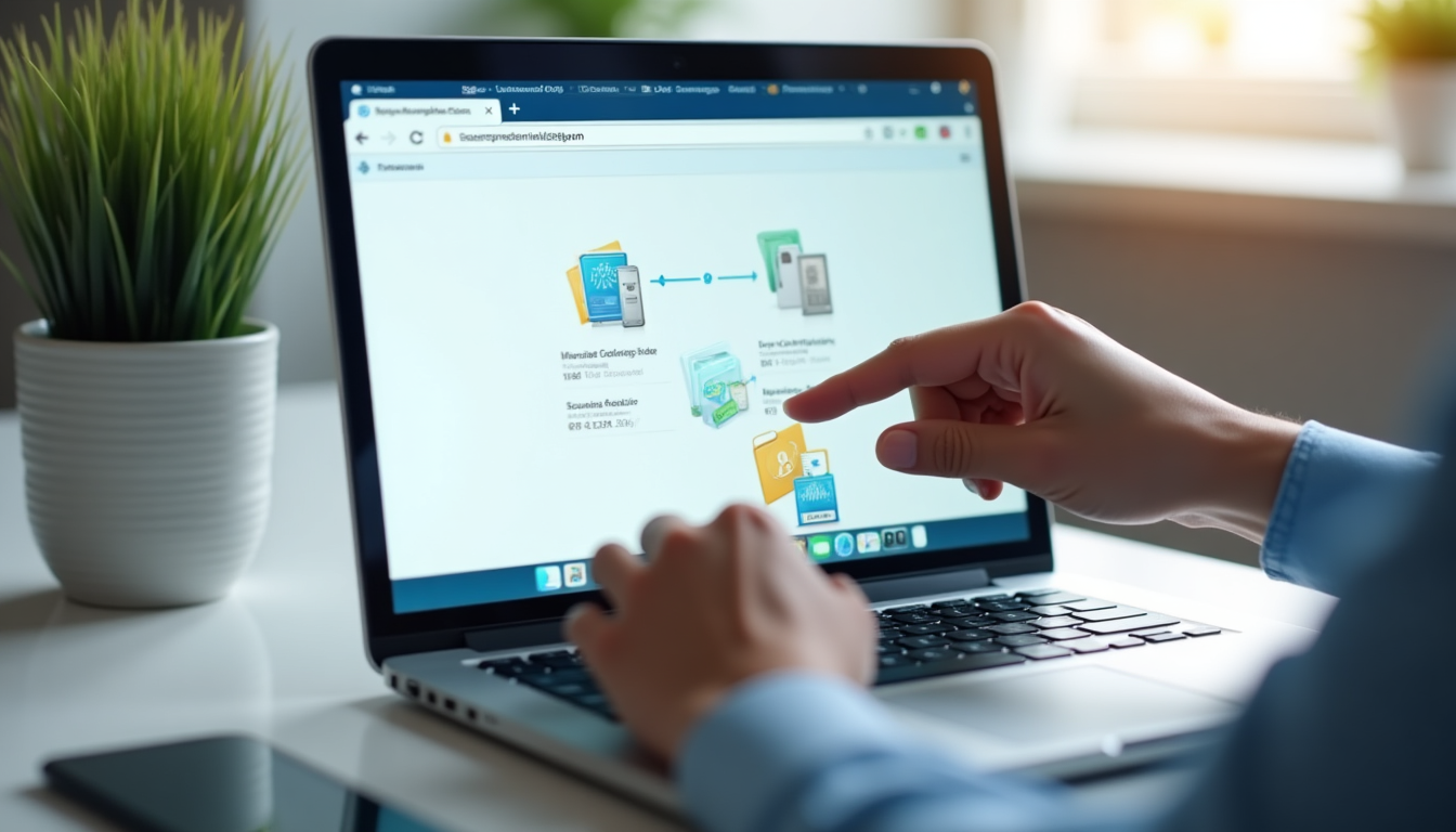 photo of hands dragging and dropping files from a folder into the Sync.com web interface on a laptop screen