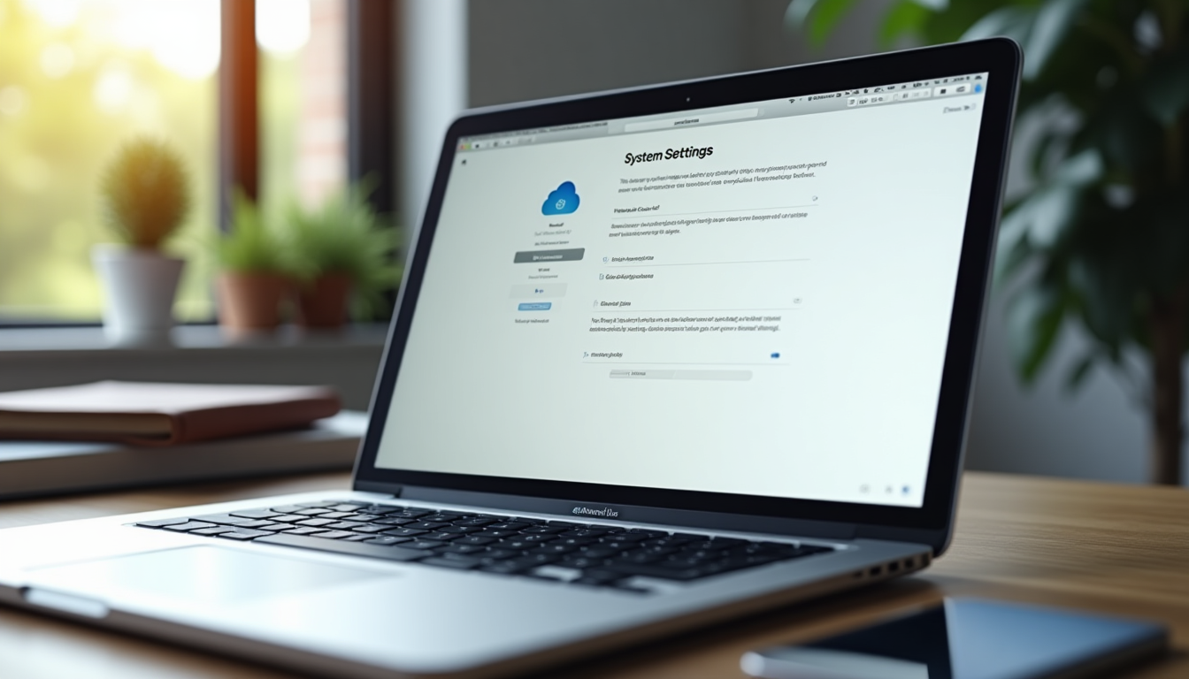 realistic rendering of a MacBook screen showing System Settings open to the Apple ID section with iCloud sign-in options