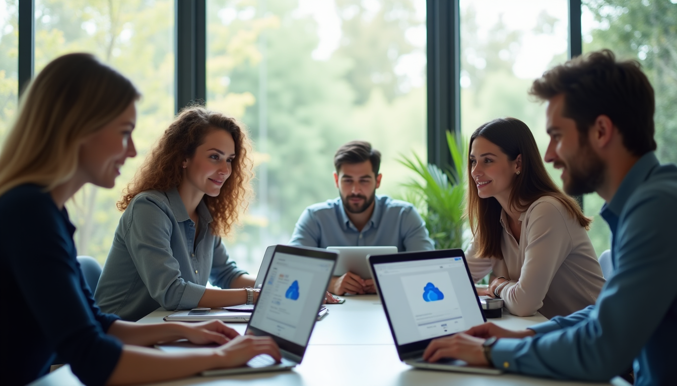 realistic photo of a small team of professionals in a bright office, collaborating on Microsoft Office documents displayed on multiple laptops with OneDrive sync icons visible
