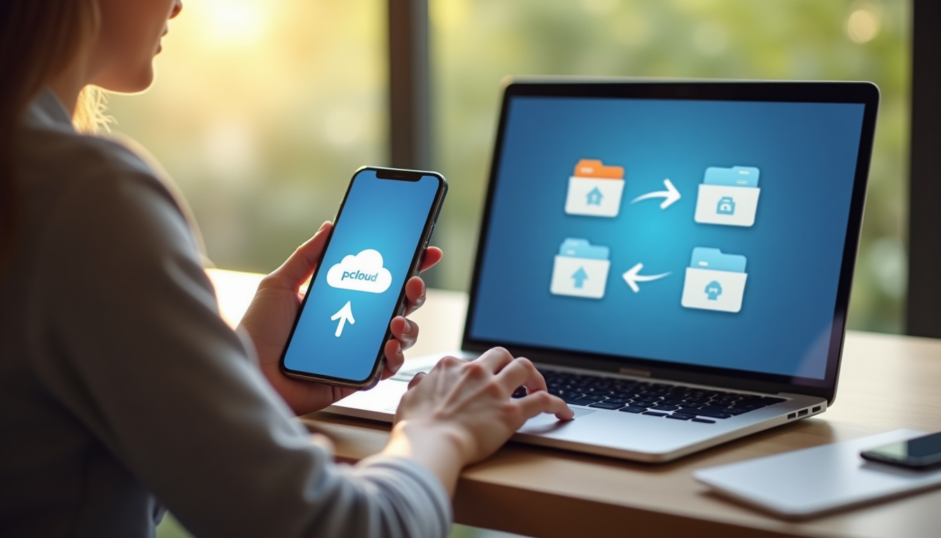 photo of a person using a smartphone and laptop simultaneously, with pCloud app open on both screens displaying syncing photo folders