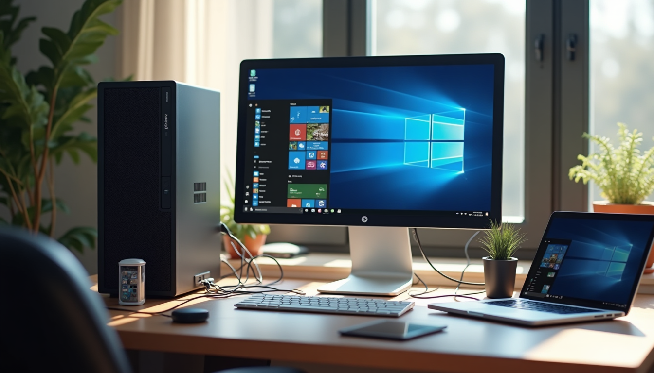 photo of a modern home office desk with a Windows PC, MacBook laptop, iPhone, Android tablet, and a small Linux server device arranged together, connected by cables to represent multi-device cloud backup setup