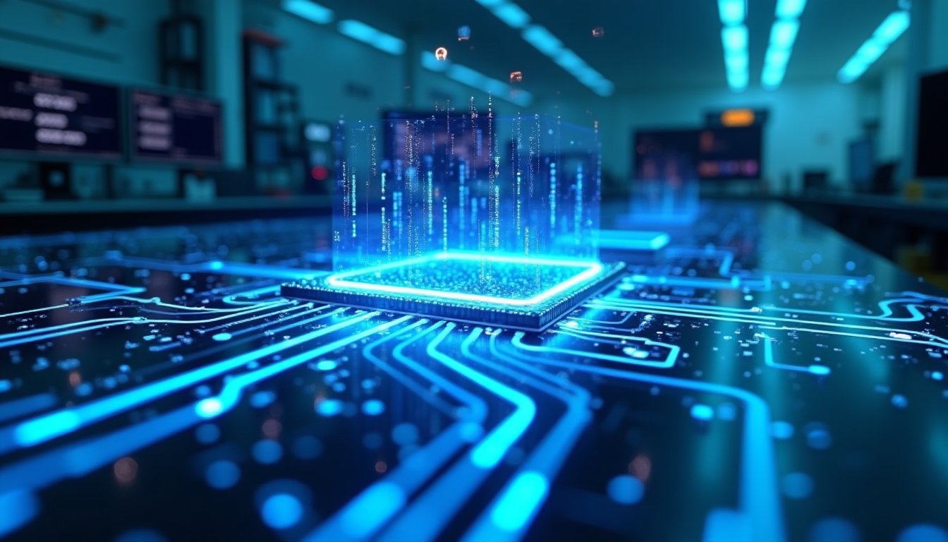realistic rendering of a quantum computer in a high-tech lab with glowing processors and data streams representing encryption threats