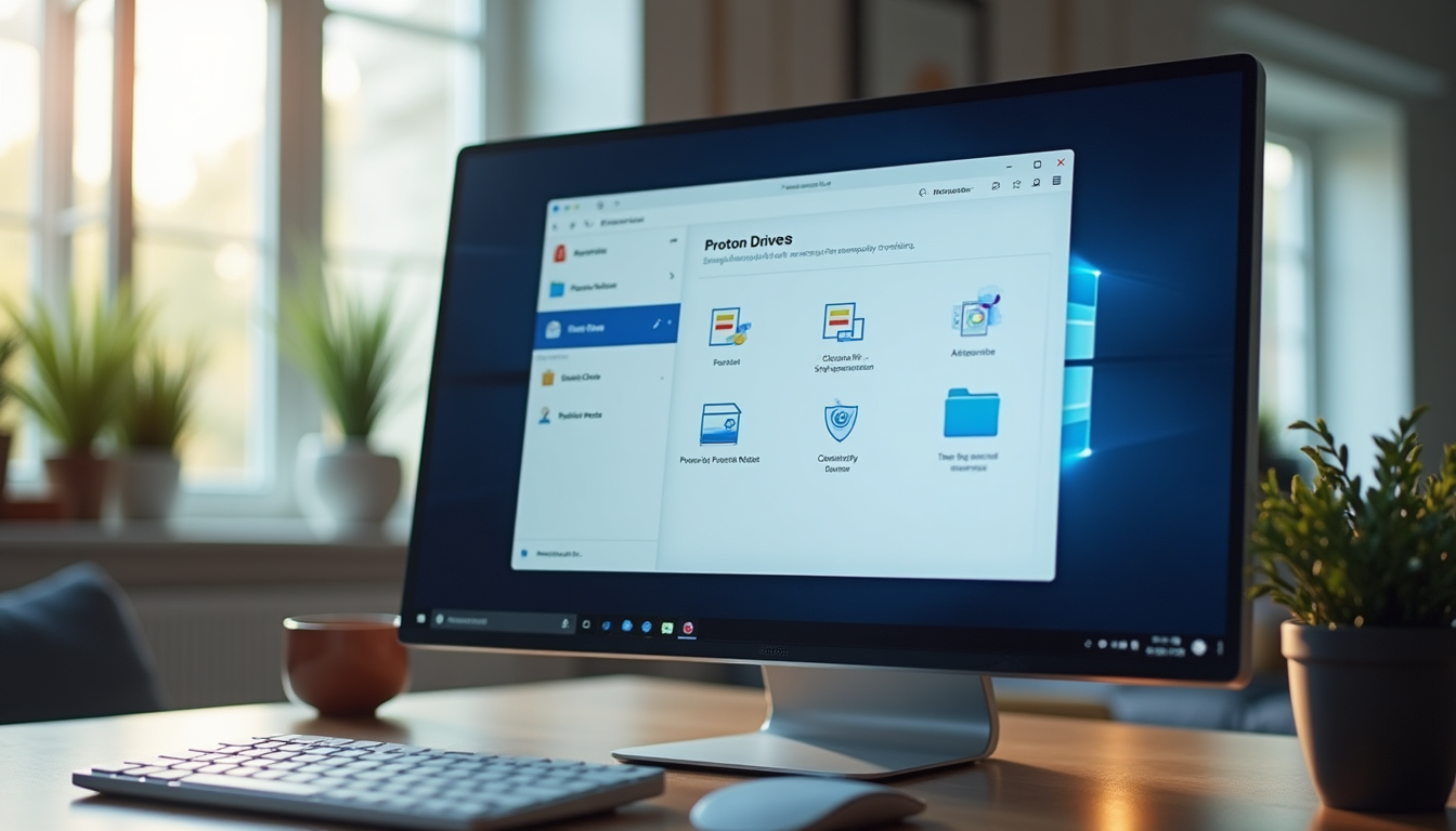 screenshot of Proton Drive desktop app interface showing sync folders on a Windows computer screen
