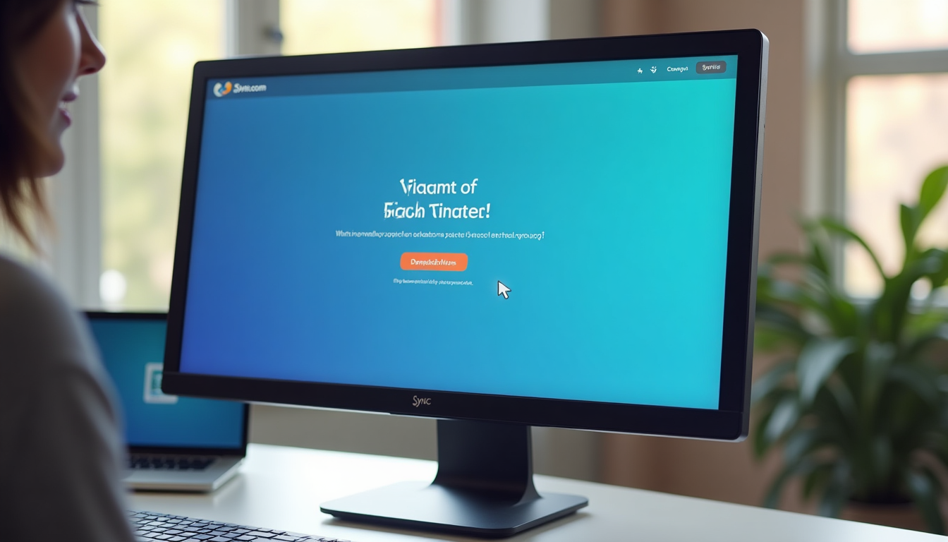 photo of a desktop computer screen displaying the Sync.com desktop app installation process, with a user mouse hovering over the download button