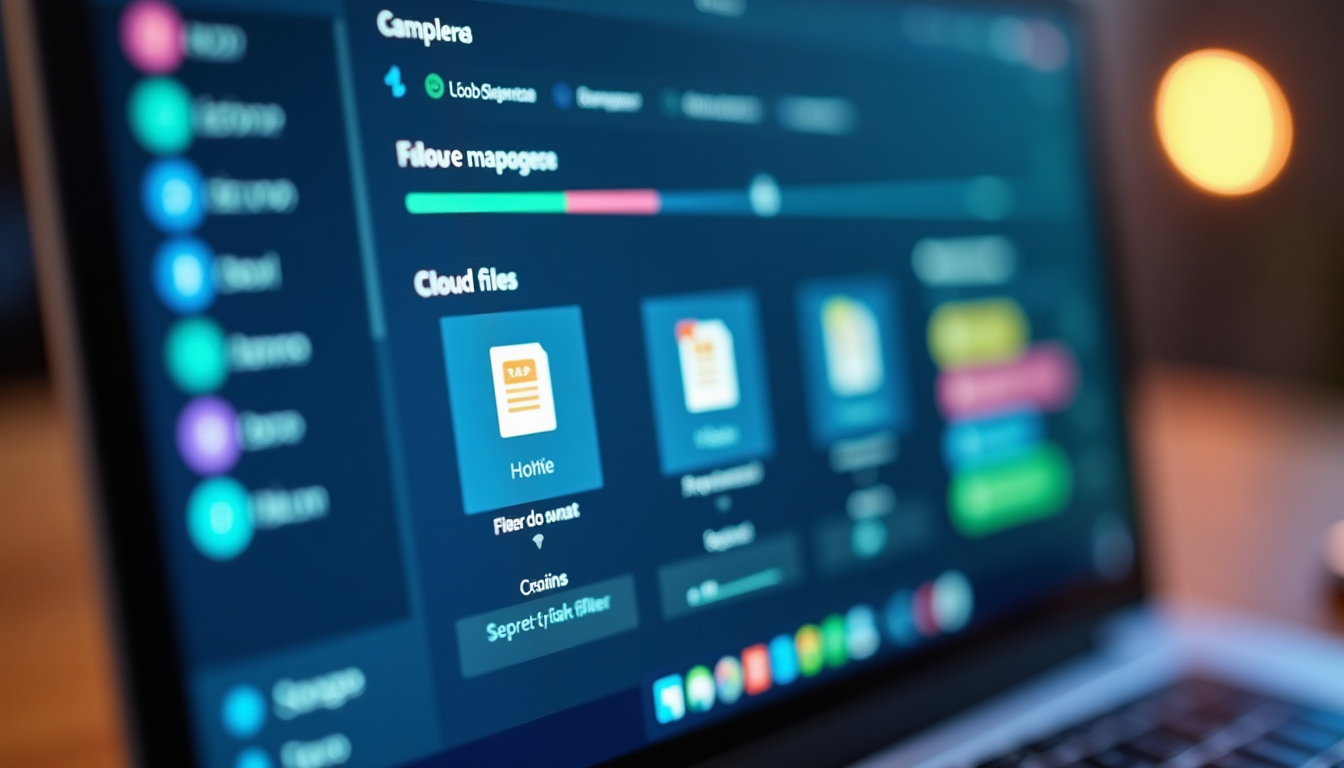 realistic rendering of files being organized and migrated in a cloud interface on a computer screen, showing folders and tags