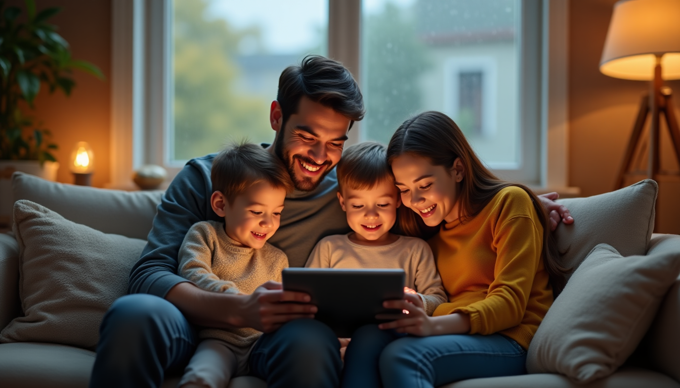 a cozy family sitting on a couch during a rainy afternoon, smiling as they view cherished photos on a tablet device