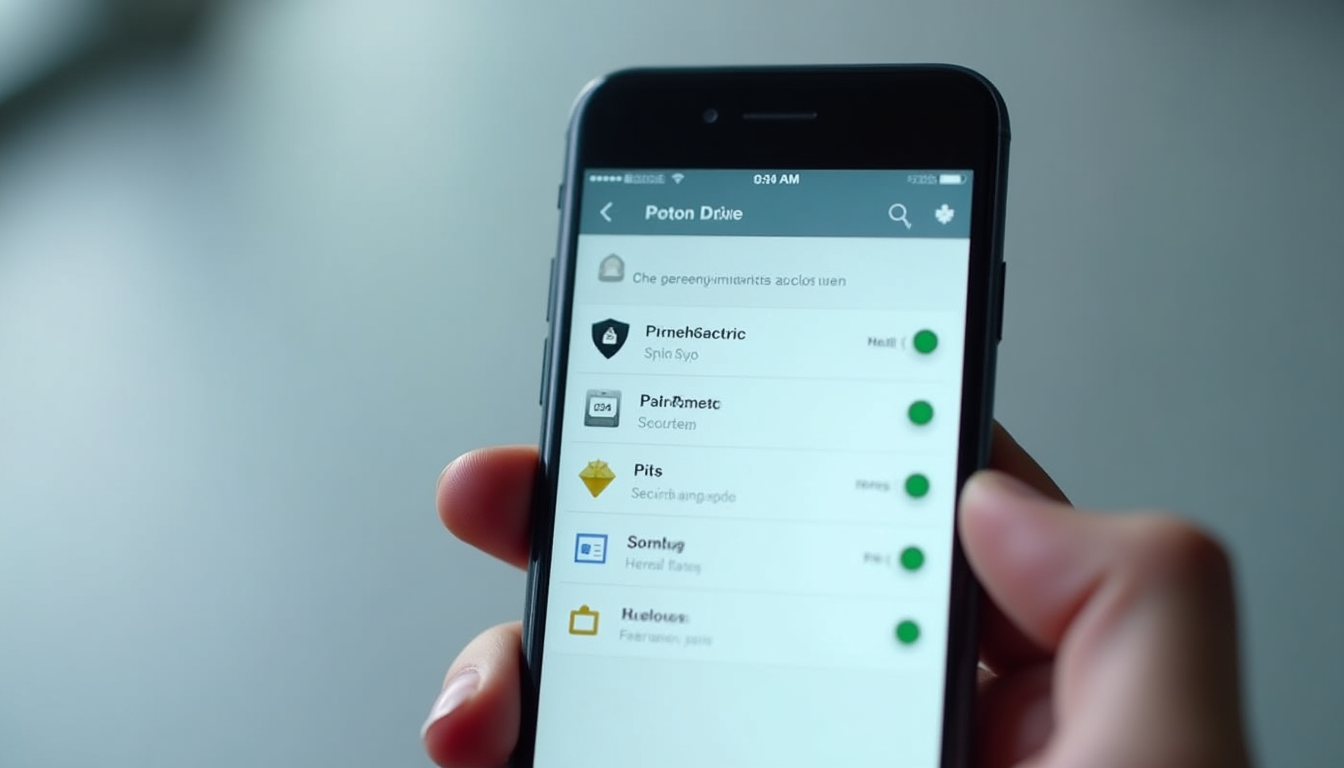 photo of a smartphone screen displaying the Proton Drive mobile app interface with file sync options