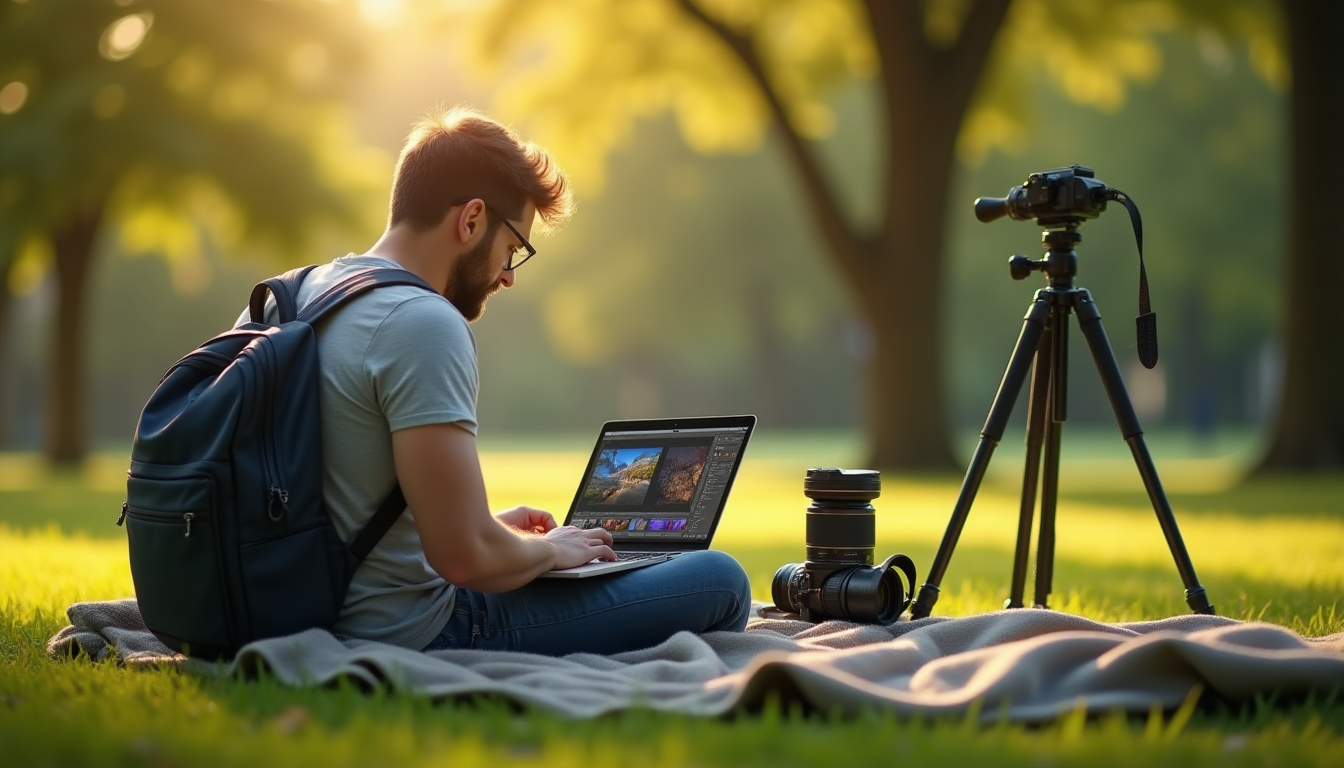 A freelance photographer editing RAW images on a laptop using Adobe Lightroom software during an outdoor photo session