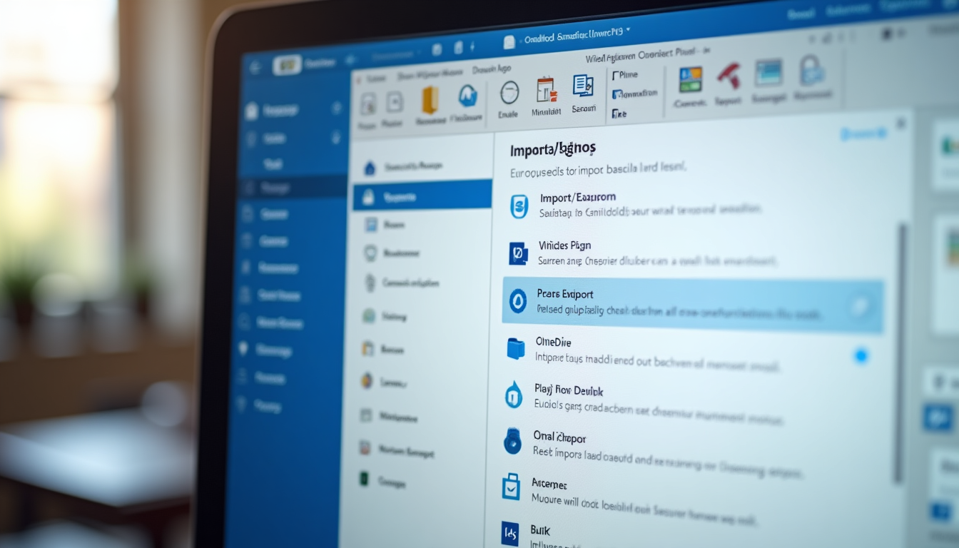 photo of a computer screen displaying the Outlook application with the Import/Export menu open and OneDrive integration options highlighted
