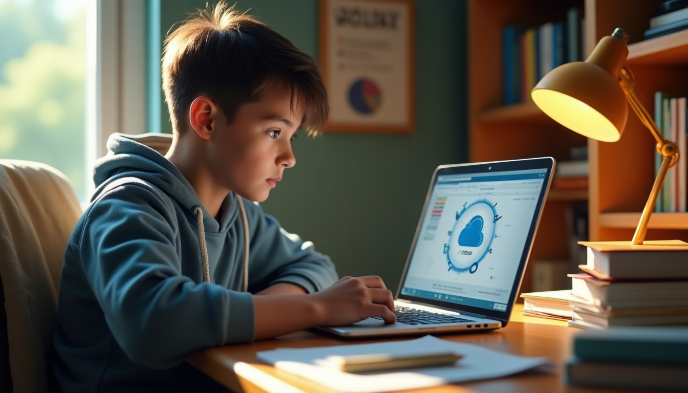 college student sitting at a desk in a dorm room, looking focused while accessing files on a laptop with a secure cloud storage app visible on screen