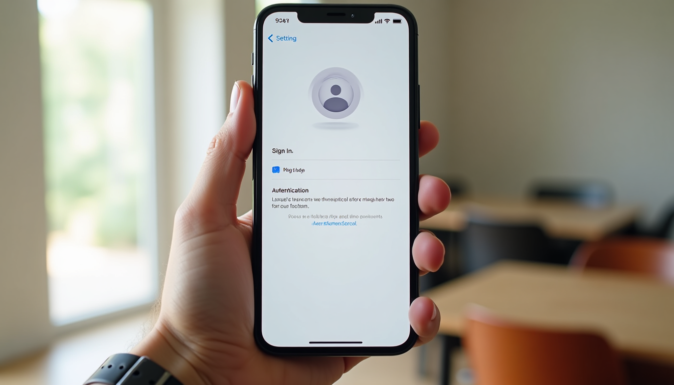 photo of a hand holding an iPhone displaying the Settings app open to the Apple ID sign-in screen with two-factor authentication prompt