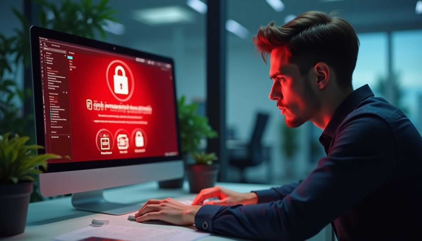 realistic photo of a frustrated small business employee at a desk in a modern office, staring at a computer screen displaying a red ransomware warning message with locked file icons