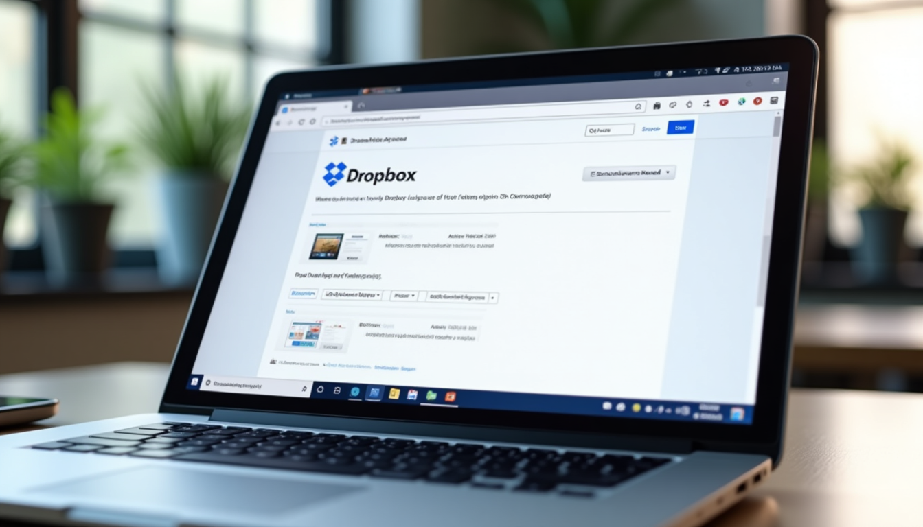 realistic rendering of a laptop screen displaying the Dropbox web interface with the bulk export feature selected and a folder being downloaded as a ZIP file