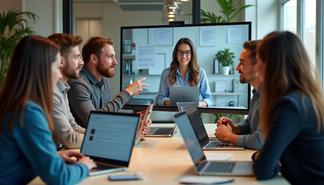 diverse group of professionals in a hybrid office setting, collaborating on laptops during a video call with shared documents on screen