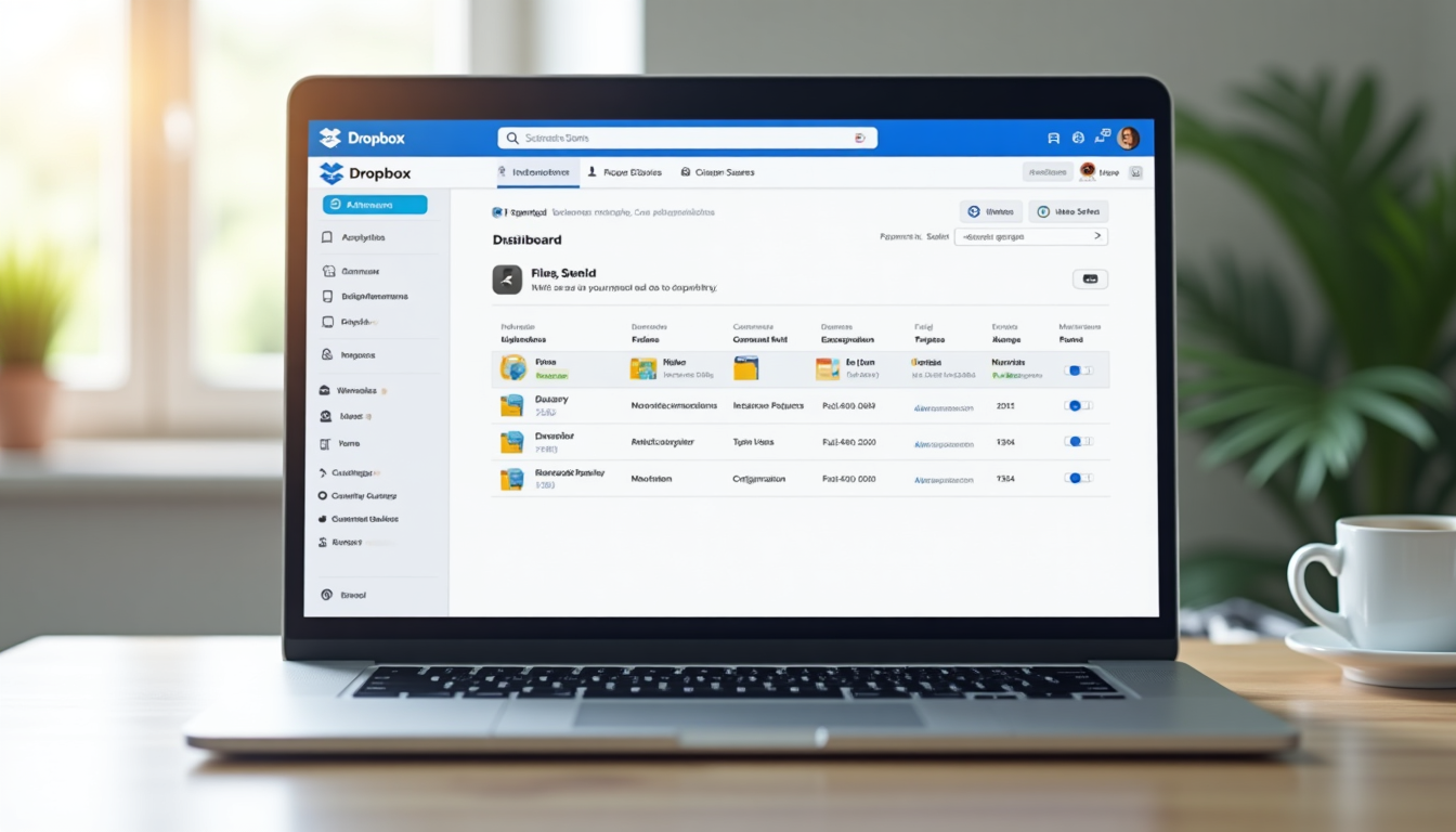 realistic rendering of a computer screen displaying the Dropbox dashboard interface with file folders and sharing options visible