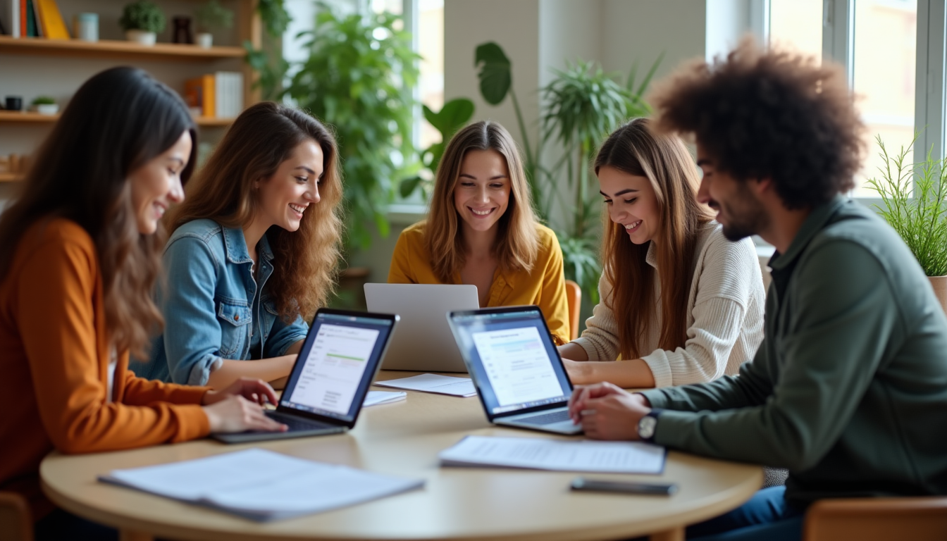 photo of a creative marketing team in a casual office space simultaneously editing a shared document on tablets and laptops, with real-time updates visible on screens