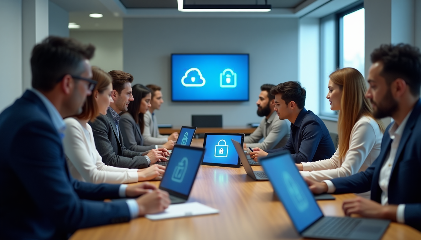 photo of a professional enterprise team in a conference room reviewing secure documents on Microsoft Surface devices integrated with OneDrive, showing compliance icons