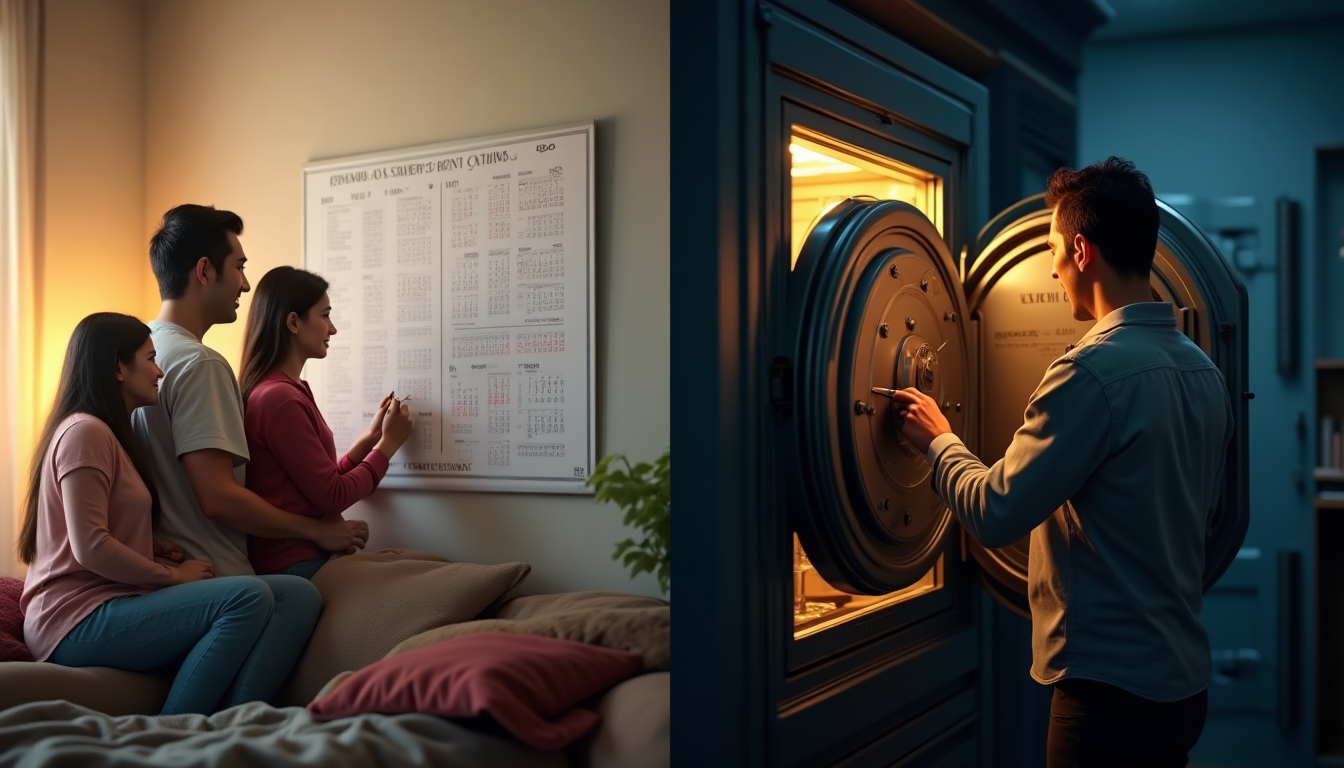 split photo showing a family gathered around a wall calendar in a home, editing it together on the left, and a person opening a safe deposit box in a bank vault on the right