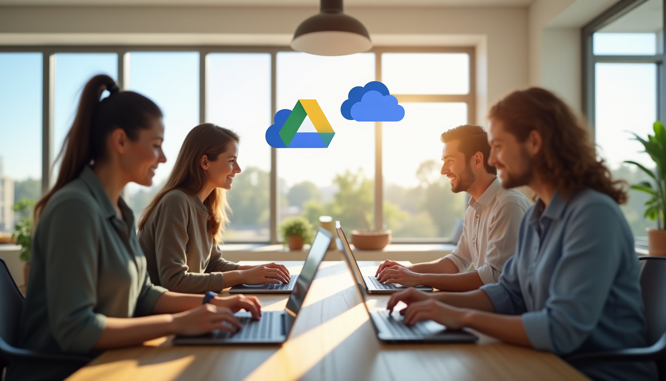 photo of a diverse remote team collaborating on laptops in a modern home office, with cloud icons floating above their screens