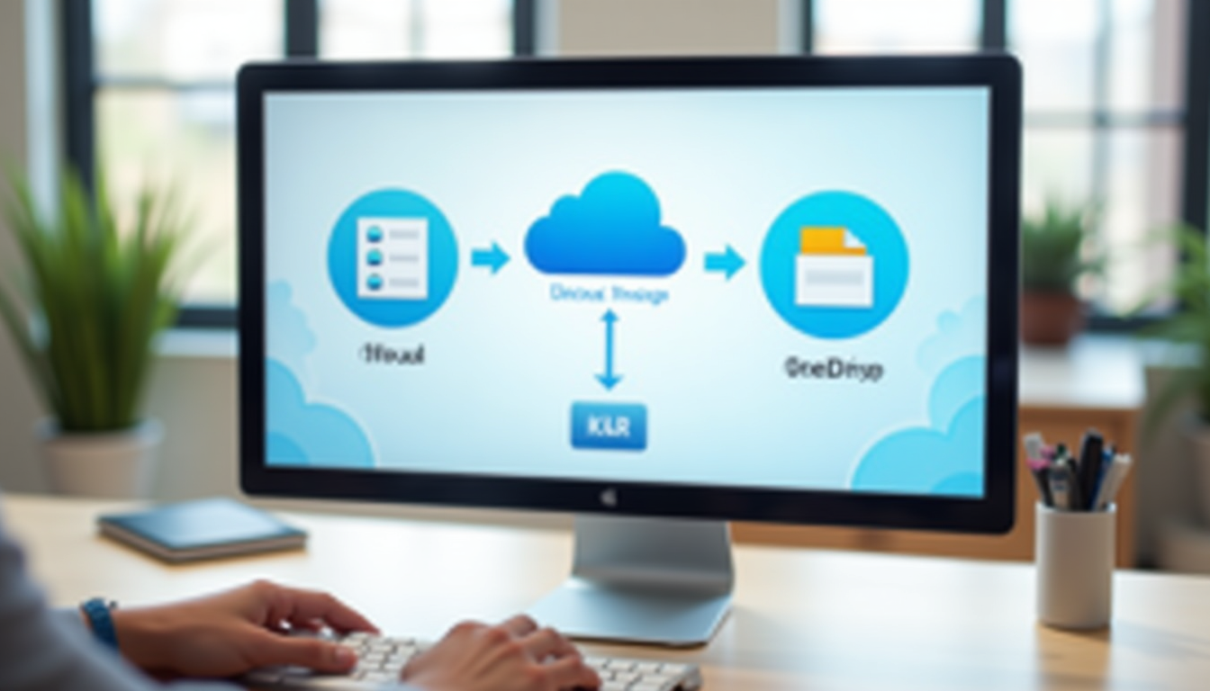 realistic rendering of a computer screen displaying the pCloud app interface with OneDrive connection enabled and files transferring between clouds