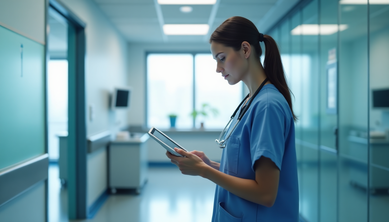 photo of a healthcare professional in a modern clinic reviewing secure electronic health records on a tablet device