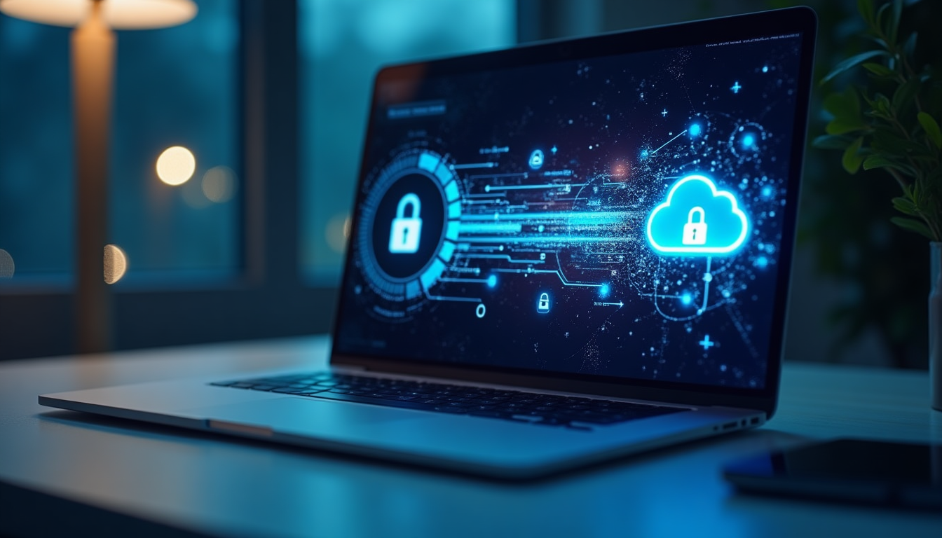 realistic rendering of a laptop encrypting a file and securely uploading it to a cloud server, showing locked data in transit