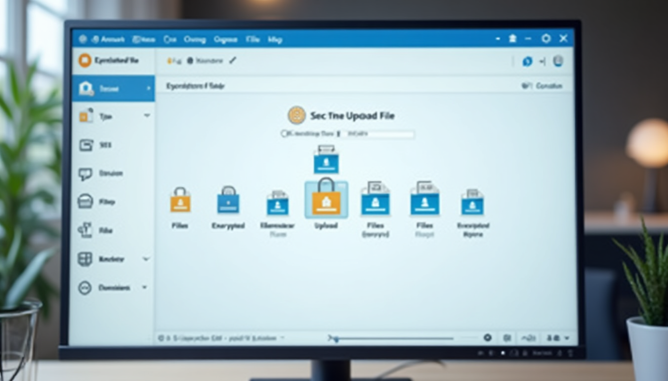 realistic screenshot of the Filen desktop app interface showing drag-and-drop file upload into an encrypted folder on a computer screen