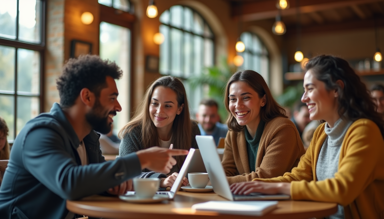 diverse group of students of various ages and ethnicities collaborating remotely on laptops and tablets in a cozy campus cafe setting