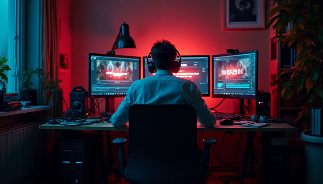 photo of a frustrated video editor sitting at a cluttered desk with multiple external hard drives, computer screens displaying error messages for failed footage, and scattered cables