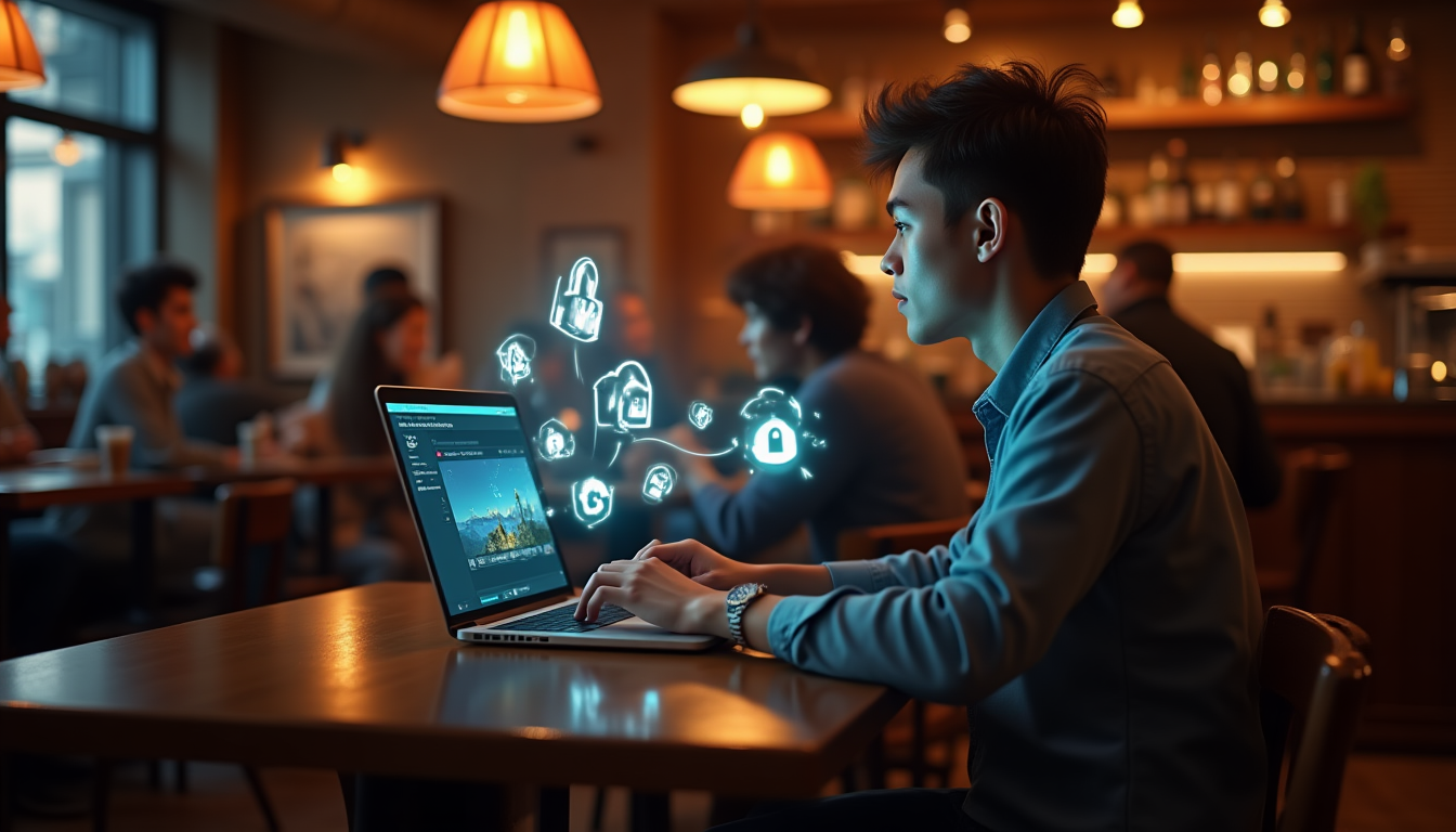 photo of a video editor working on a laptop in a cozy coffee shop, reviewing 4K video footage on screen with cloud icons indicating secure syncing