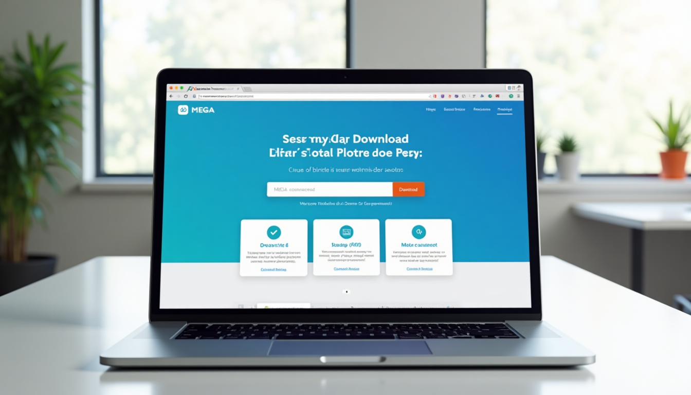 realistic photo of a laptop screen displaying the MEGA download page with options for Windows, macOS, and mobile app installers
