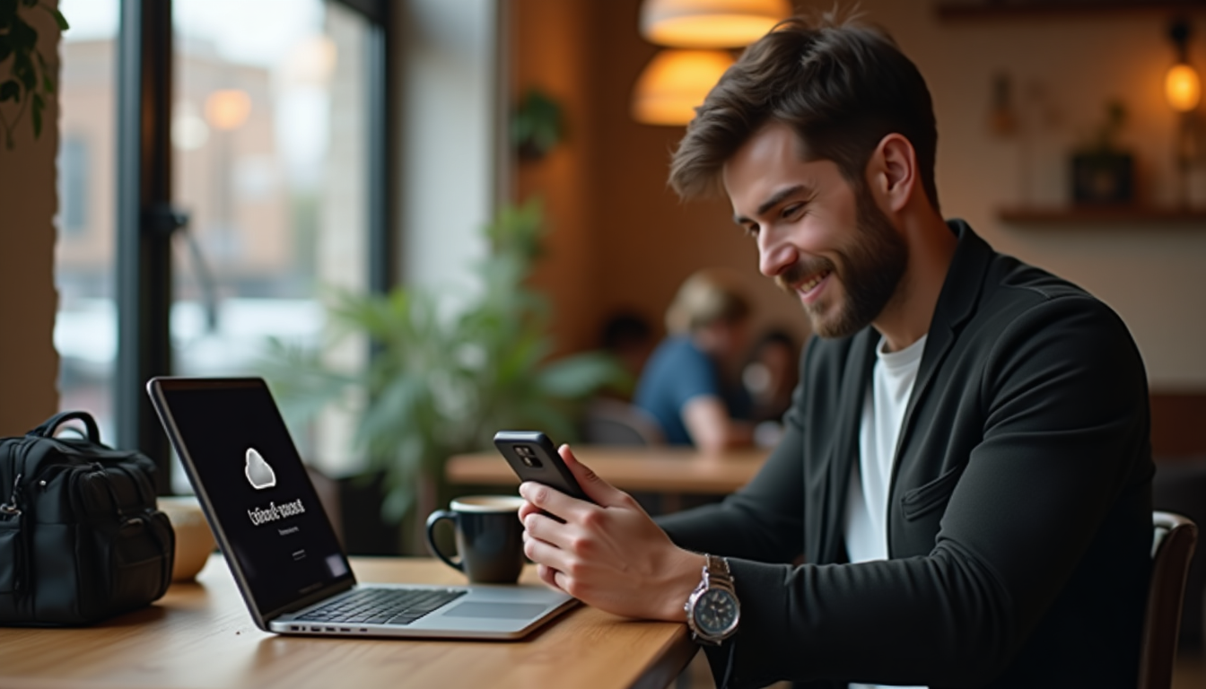 A photographer entering a two-factor authentication code on their smartphone while accessing cloud storage in a coffee shop