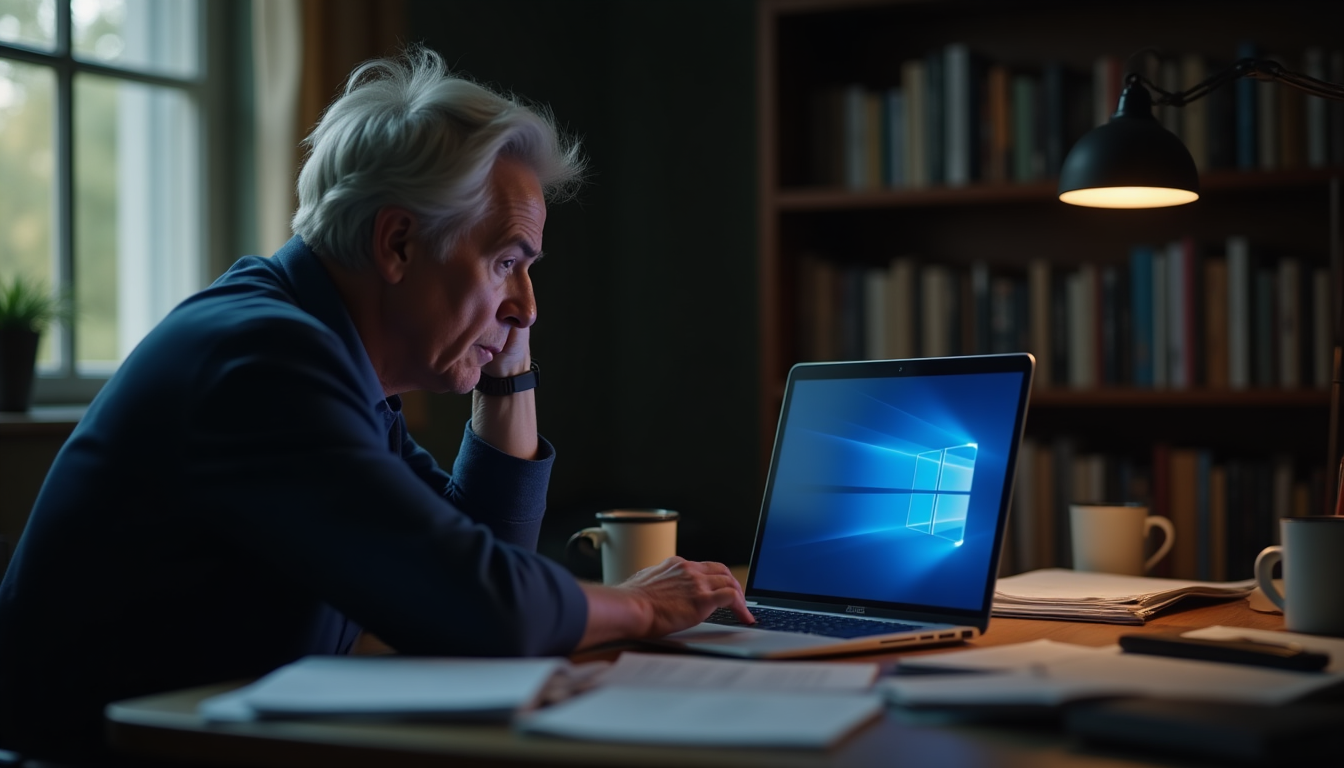 person looking worried at a crashed laptop in a home office, surrounded by coffee mugs and work papers