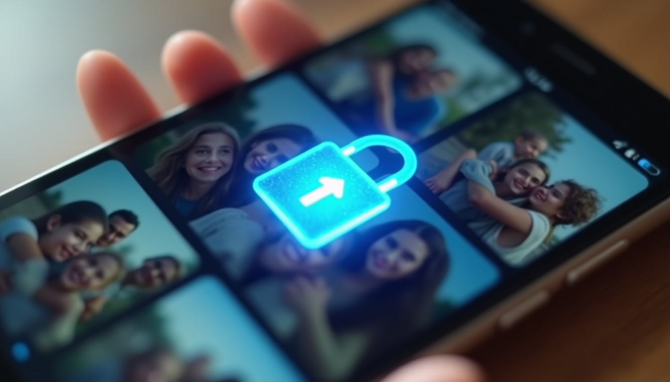 photo of a secure digital lock icon overlaying a family photo album on an iPhone screen, symbolizing encrypted photo backup