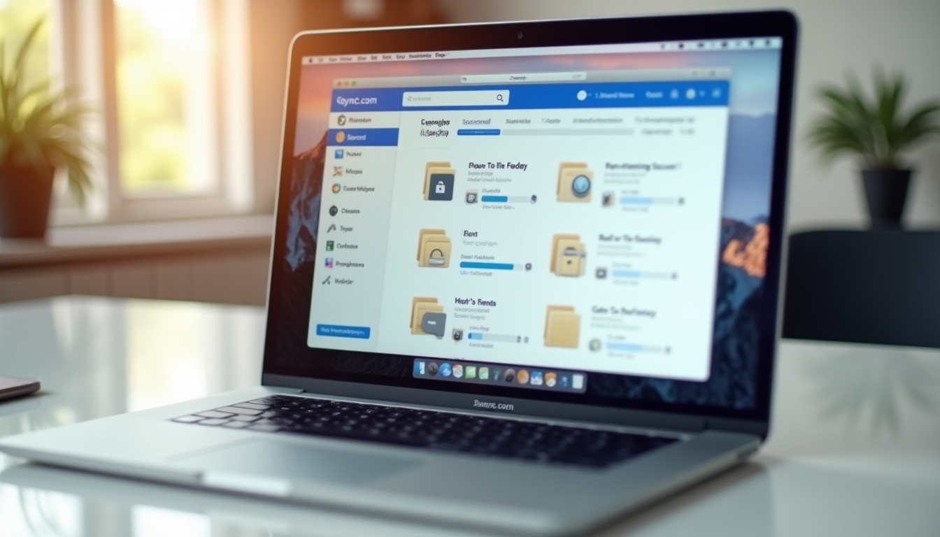 photo of a MacBook Pro screen displaying the Sync.com macOS app interface with folders syncing securely in the background