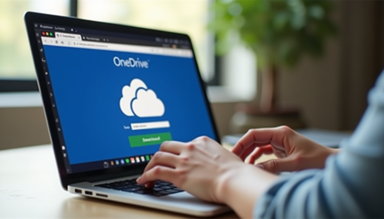 photo of a person's hands on a laptop keyboard with screen showing OneDrive web interface downloading a folder of files