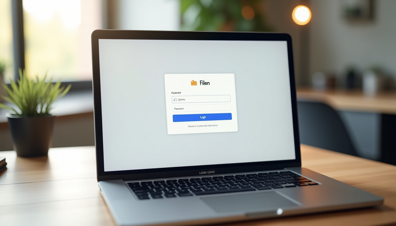 realistic rendering of the Filen desktop app login screen showing email and password fields on a laptop