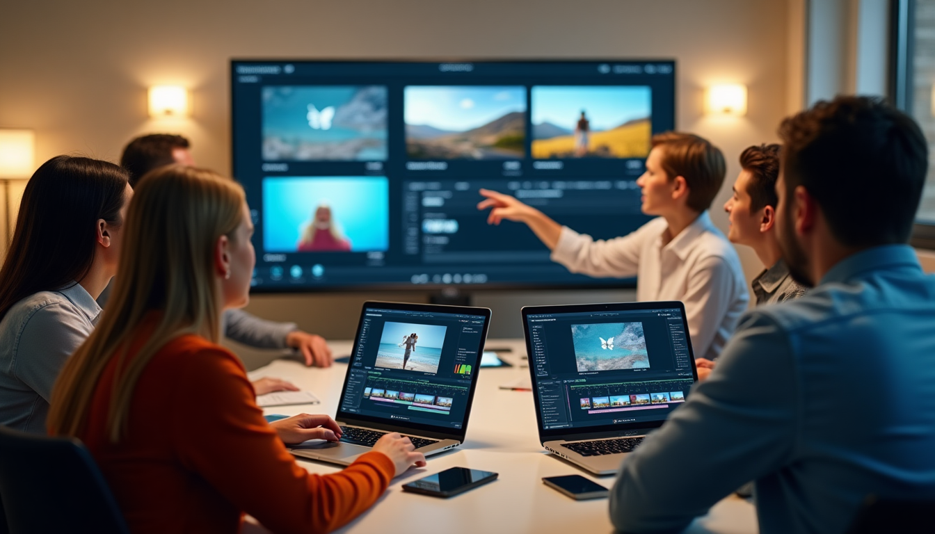 realistic photo of a diverse team of video editors collaborating in real-time on shared screens via Google Drive, with laptops showing synchronized video timelines in a modern office