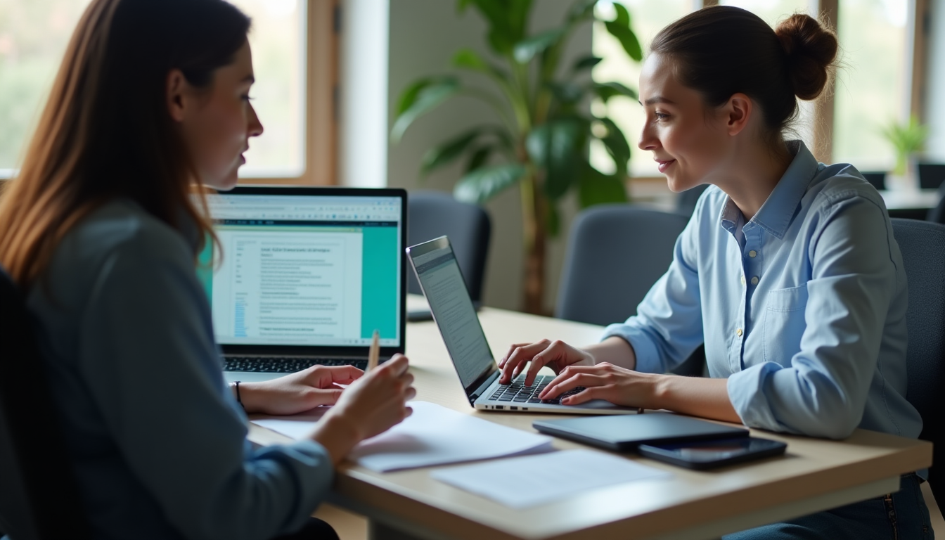 photo of two people at desks using laptops to collaboratively edit a document in Dropbox Paper, with real-time changes visible on screens