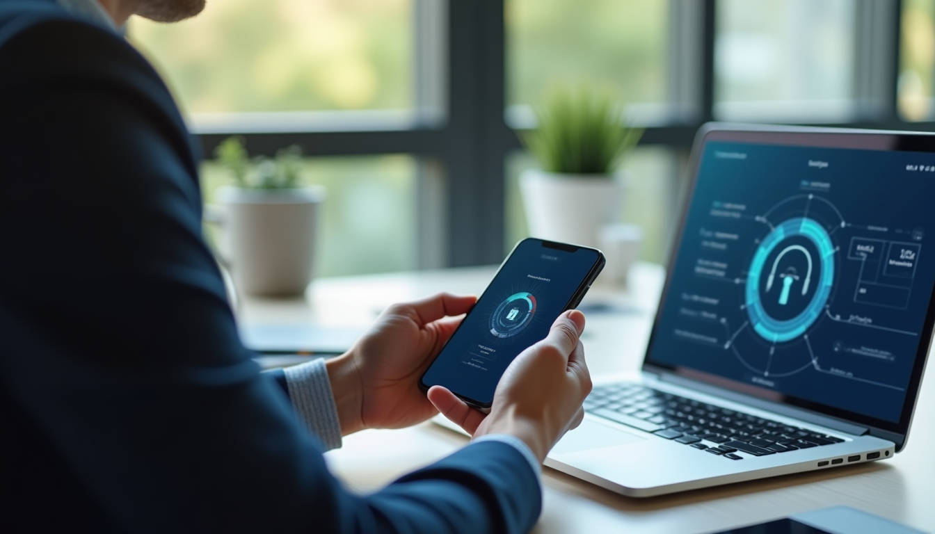 photo of a team member enabling multi-factor authentication on a smartphone next to a laptop displaying security settings