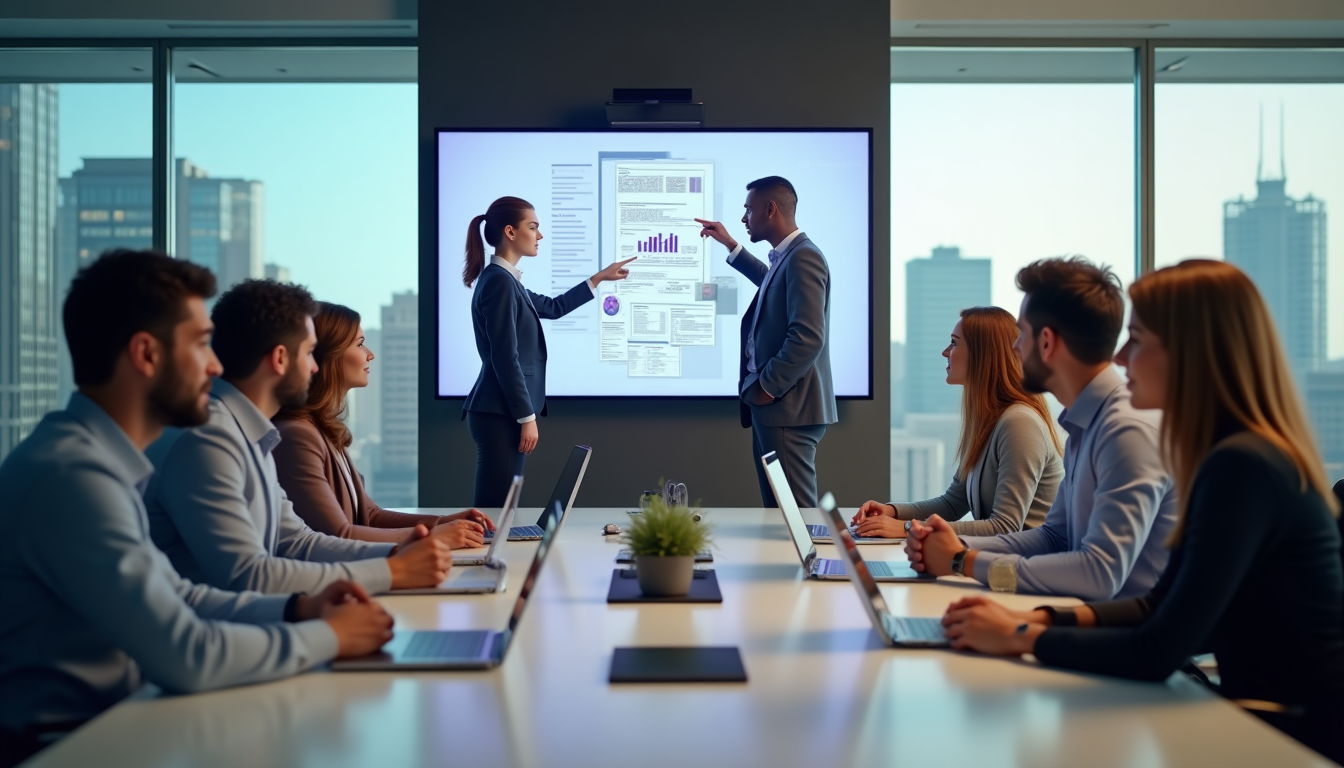 team of business professionals in a modern office, gathered around a conference table using Microsoft Teams on multiple screens for file collaboration