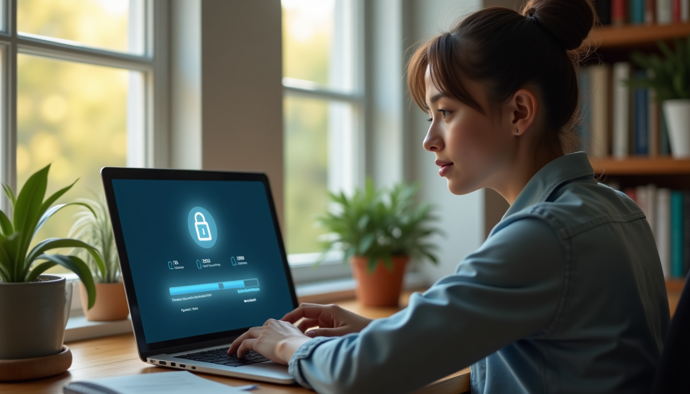 photo of a privacy-conscious user in a home office, securely uploading documents from a laptop to a cloud service
