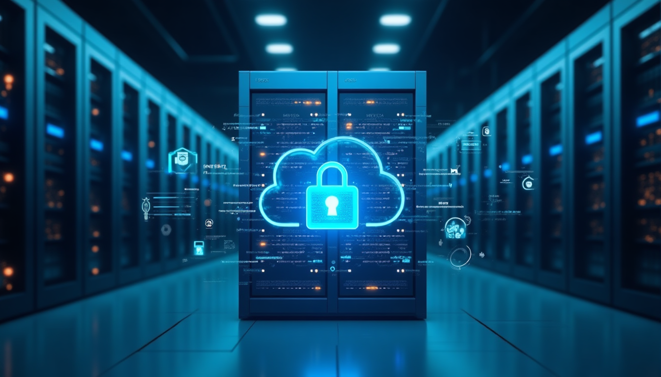 photo of a secure digital lock on a cloud server, with holographic data streams and authentication icons floating around