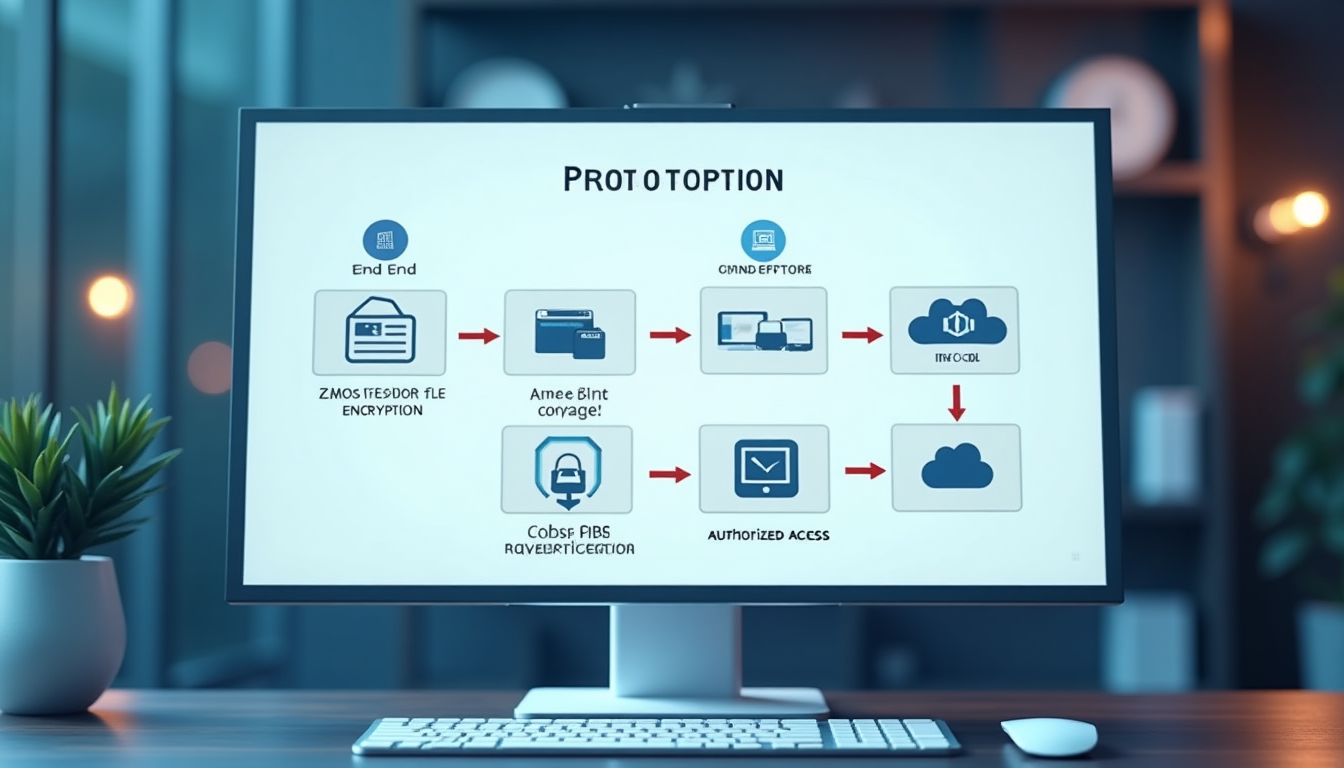 realistic rendering of a flowchart diagram showing the end-to-end encryption process from file upload to secure access