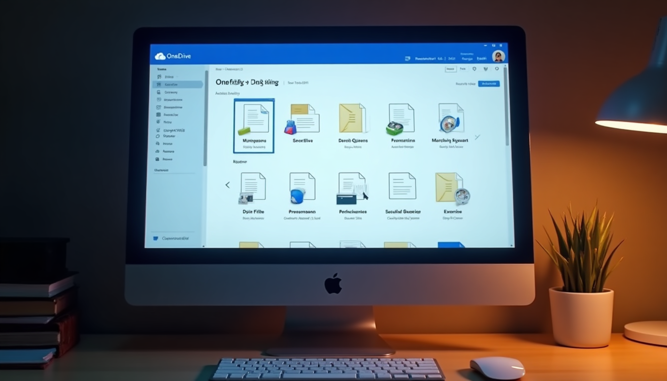 realistic rendering of a desktop computer screen showing the OneDrive web interface with drag-and-drop upload of files into a folder structure