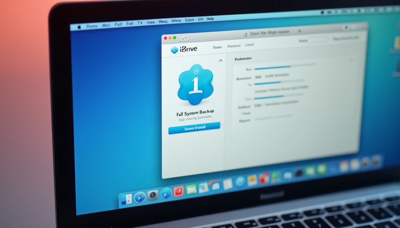 photo of an Apple Silicon Mac desktop screen showing the IDrive application performing a full system backup with progress indicators