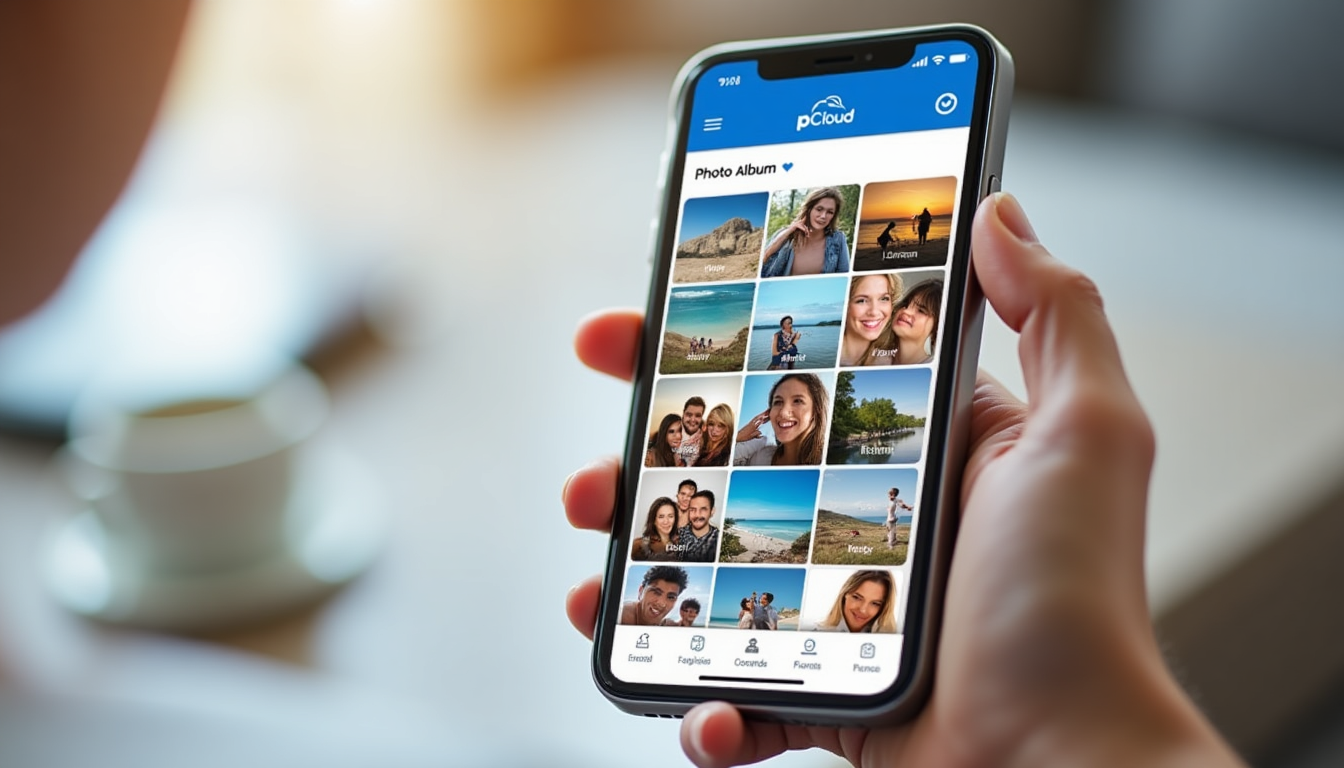 realistic screenshot of the pCloud app displaying an organized photo album with AI-generated tags for faces and locations