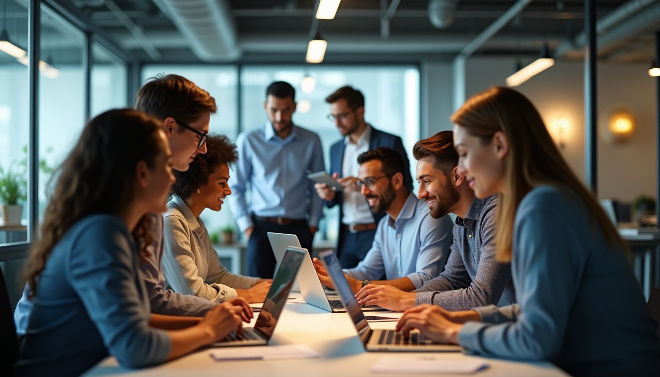 photo of a diverse team of professionals collaborating in a hybrid work setup, with some working remotely via video calls on laptops and others in a modern office